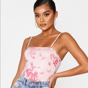 Pink Printed Square Neck Strappy Bodysuit